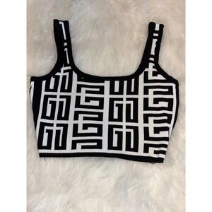 Immodel Cropped Top Womens Medium Black White Geometric Greek Key Knit Casual